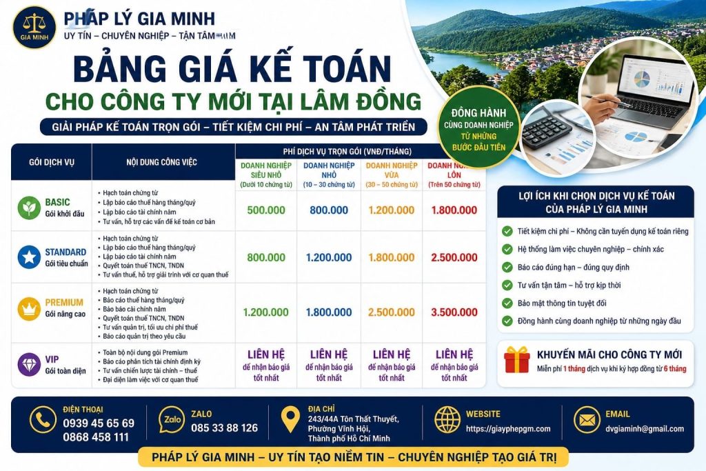 Bảng giá kế toán cho công ty mới tại Lâm Đồng