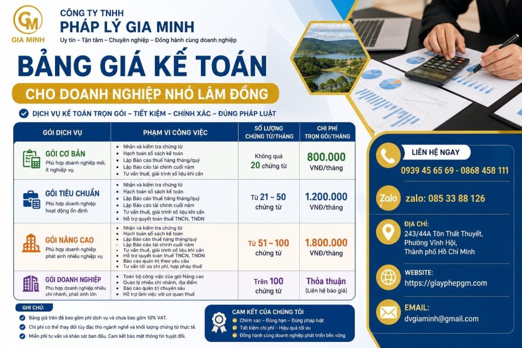 Bảng giá kế toán cho doanh nghiệp nhỏ Lâm Đồng