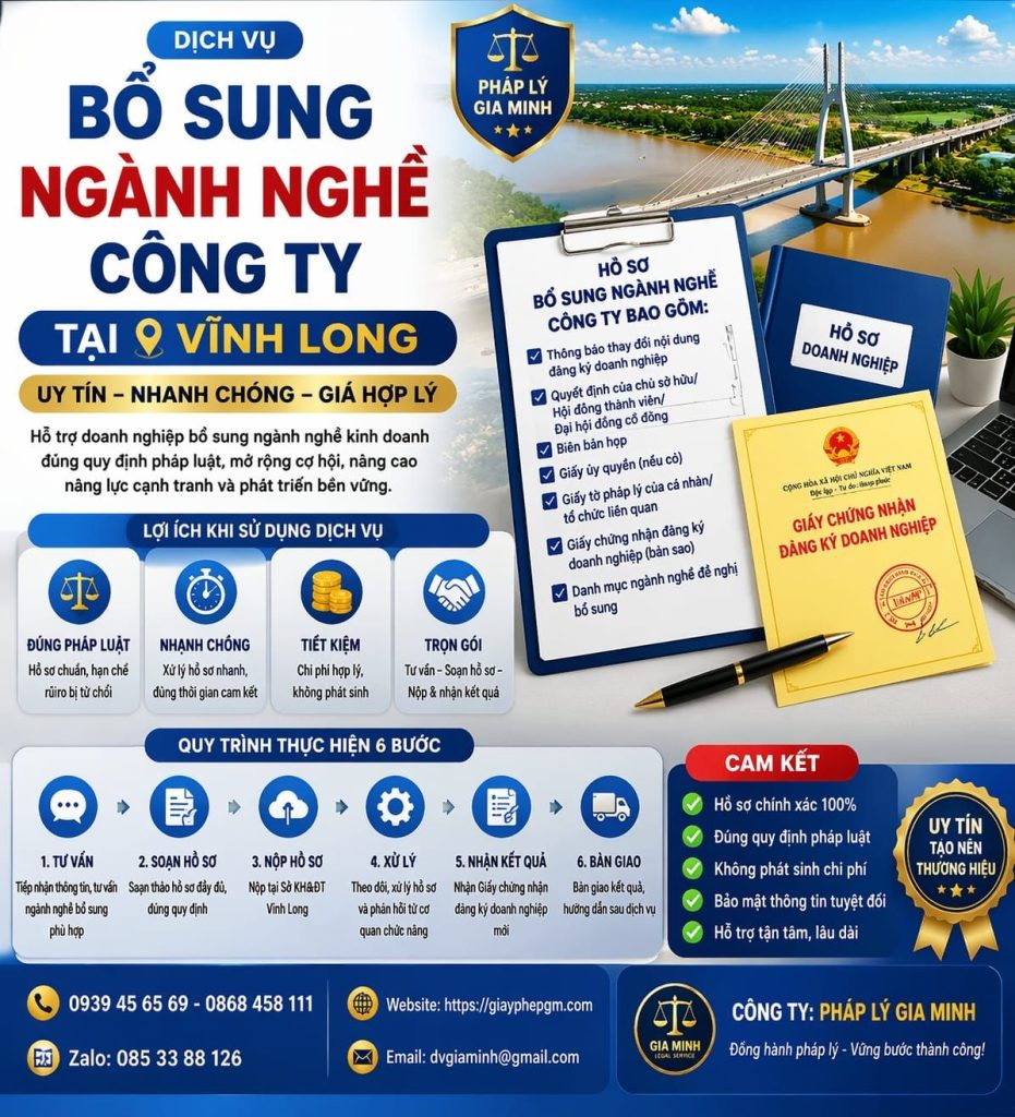 Bổ sung ngành nghề doanh nghiệp tại Vĩnh Long giá rẻ