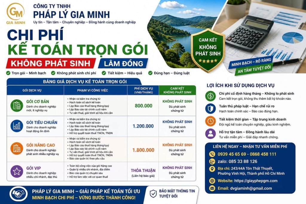 Chi phí kế toán trọn gói không phát sinh Lâm Đồng