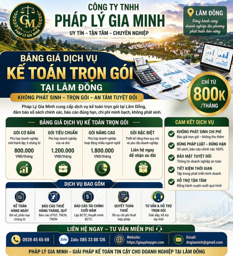Chi phí kế toán trọn gói tại Lâm Đồng mới nhất