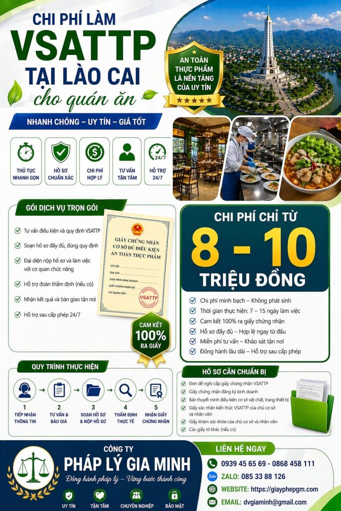 chi phí xin giấy vệ sinh an toàn thực phẩm tại lào cai
