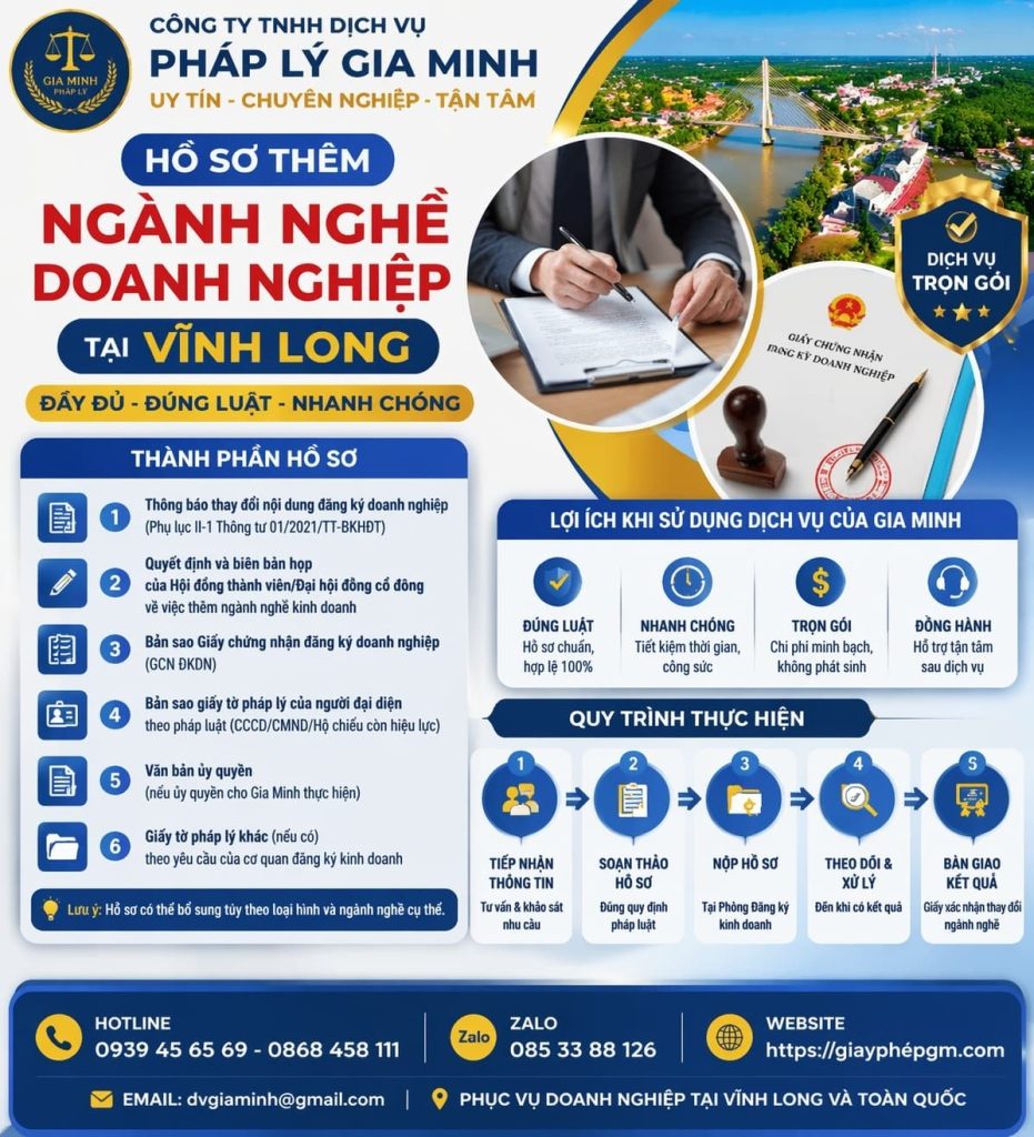 Hồ sơ thêm ngành nghề doanh nghiệp tại Vĩnh Long đầy đủ