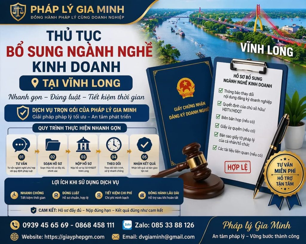 Thủ tục bổ sung ngành nghề kinh doanh tại Vĩnh Long nhanh gọn