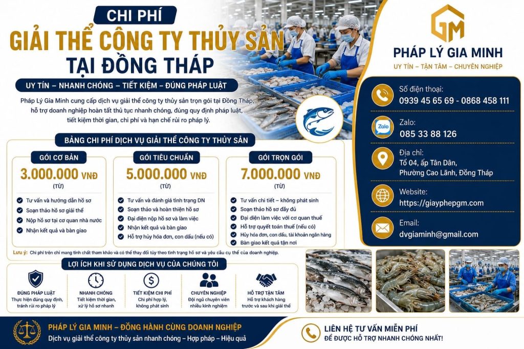 Chi phí giải thể công ty thủy sản Đồng Tháp